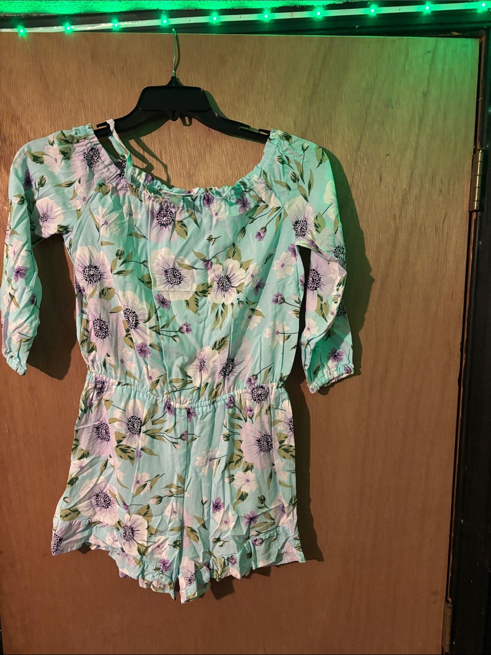 Place Mint Green Floral Off-Shoulder Romper with Purple Flowers